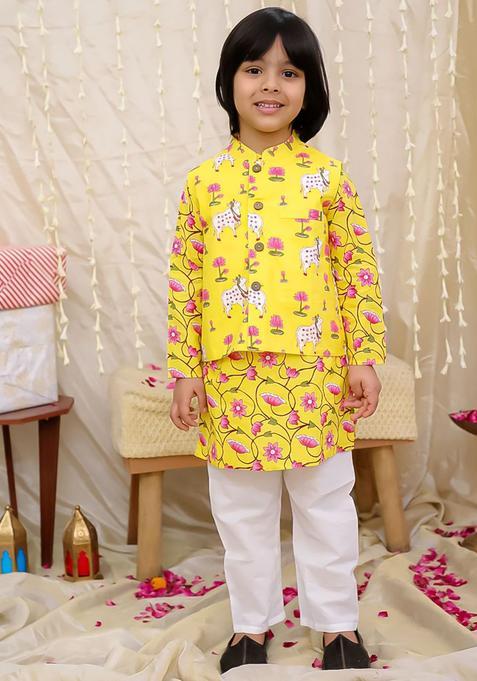 Yellow Printed Cotton Kurta Set For Boys — view on Indya