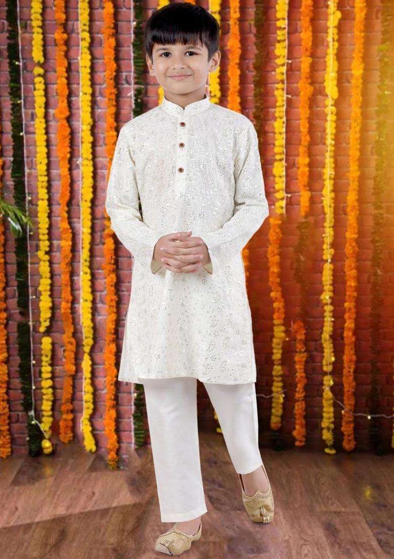 Cream Embroidered Cotton Kurta Set For Boys - Indya
