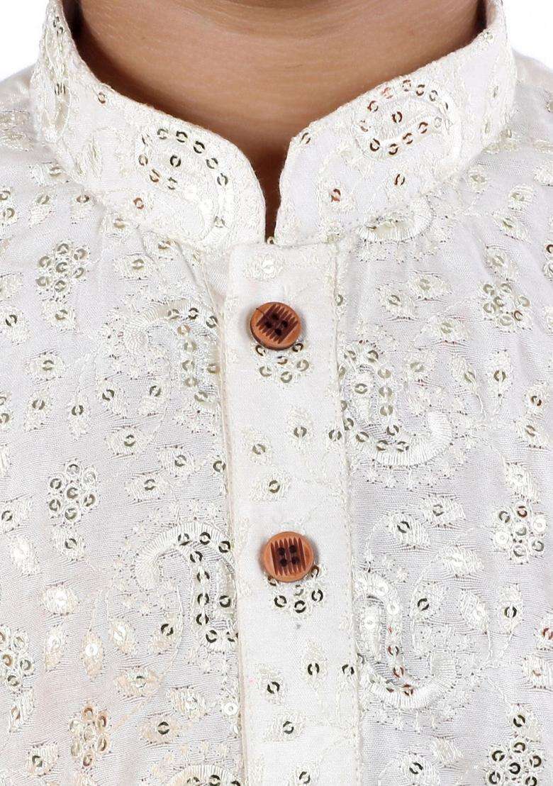 Cream Embroidered Cotton Kurta Set For Boys - Indya