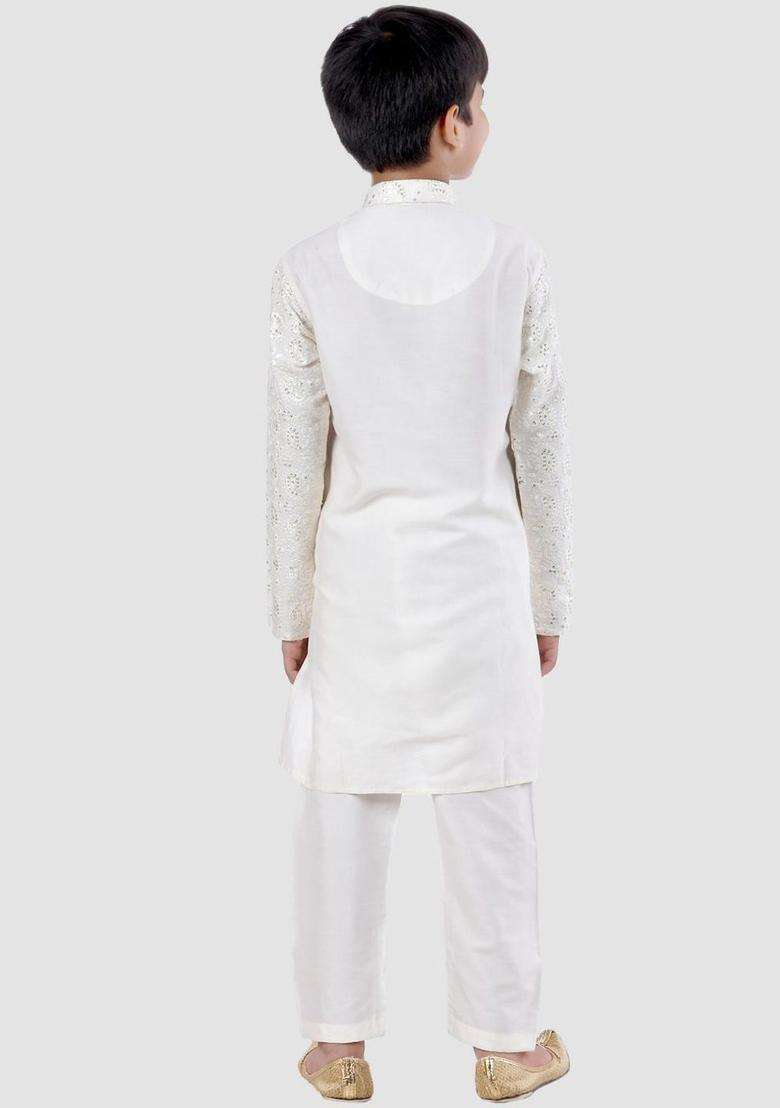 Cream Embroidered Cotton Kurta Set For Boys - Indya