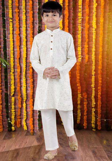 Cream Embroidered Cotton Kurta Set For Boys