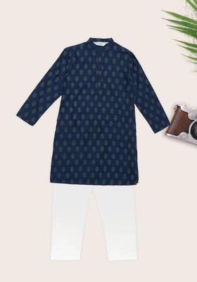 Navy Blue Printed Viscose Kurta Set For Boys