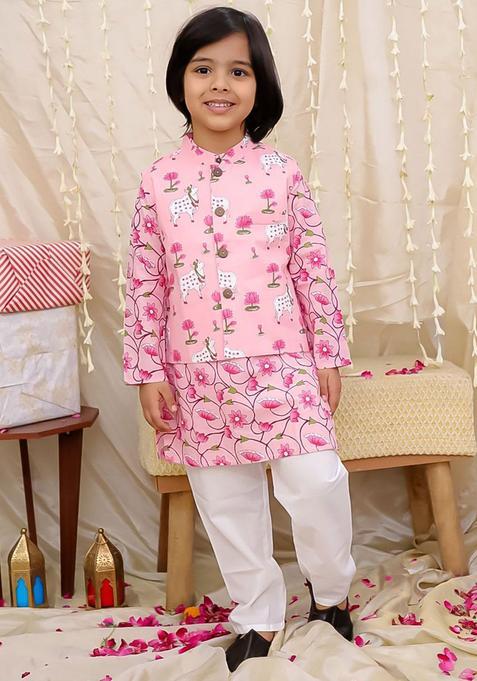 Pink Printed Cotton Kurta Set For Boys — view on Indya