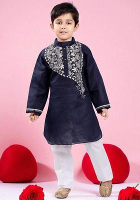 Navy Blue Printed Cotton Kurta Set For Boys