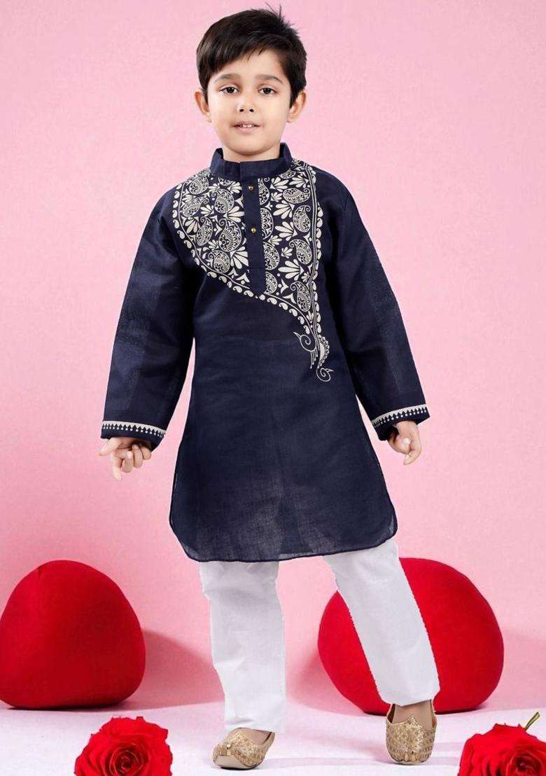 Navy Blue Printed Cotton Kurta Set For Boys - Indya