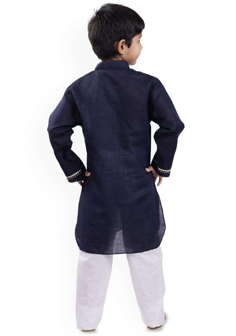 Navy Blue Printed Cotton Kurta Set For Boys - Indya