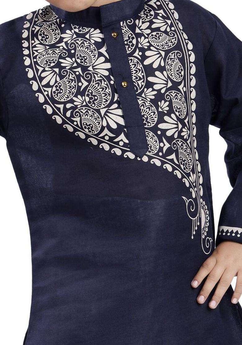 Navy Blue Printed Cotton Kurta Set For Boys - Indya