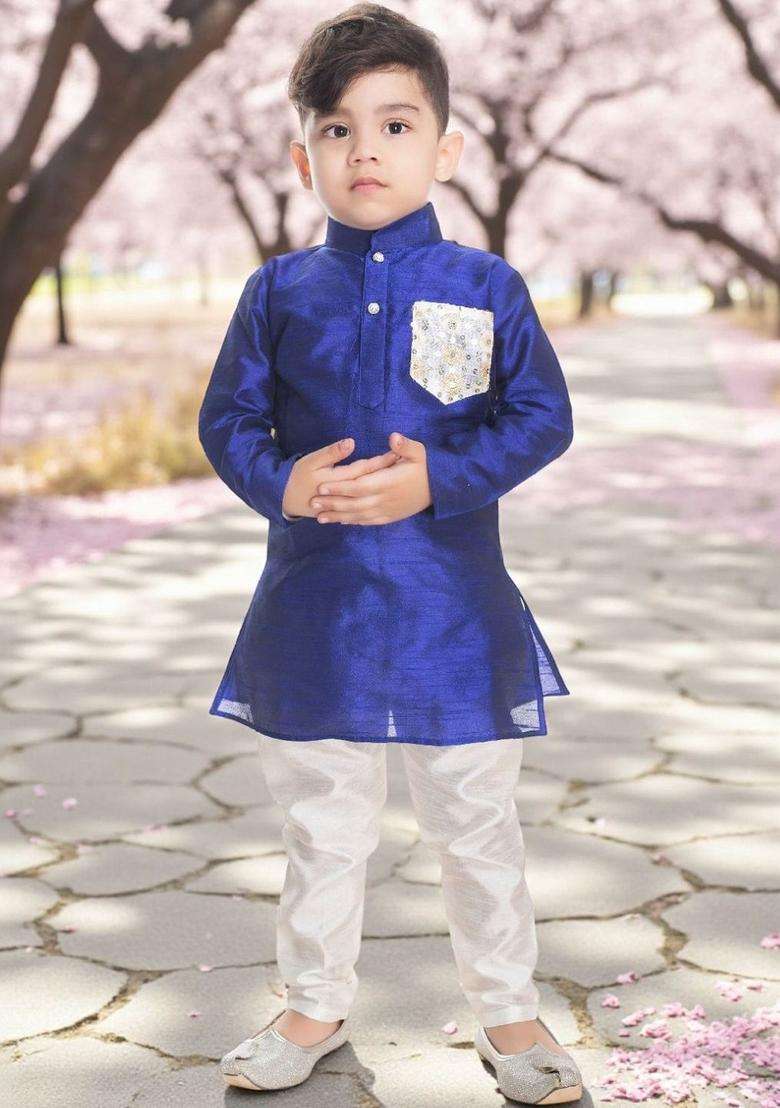 Blue Solid Cotton Kurta Set For Boys - Indya