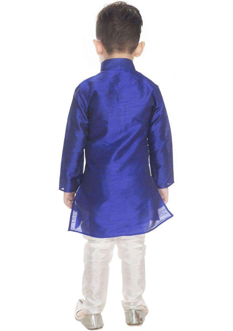 Blue Solid Cotton Kurta Set For Boys - Indya