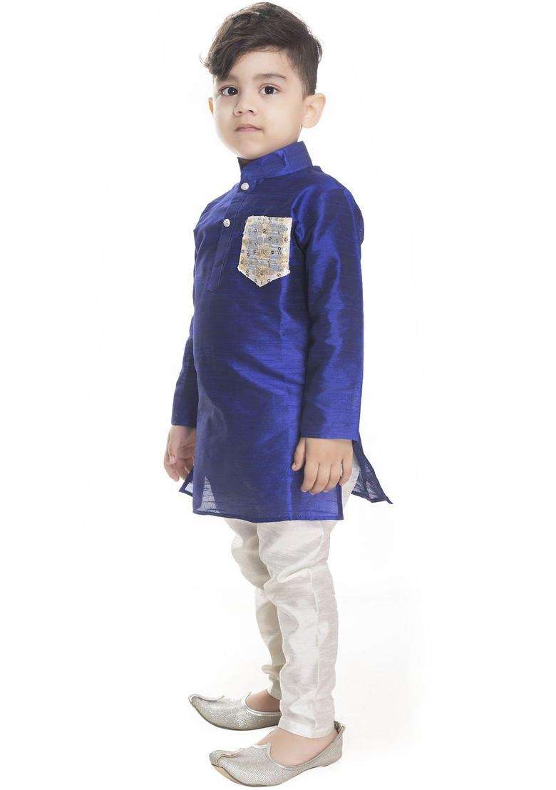 Blue Solid Cotton Kurta Set For Boys - Indya