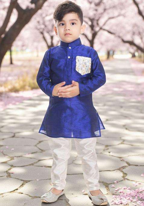 Blue Solid Cotton Kurta Set For Boys