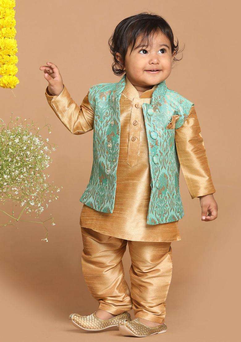 Rose Gold Solid Silk Kurta Set For Boys - Indya