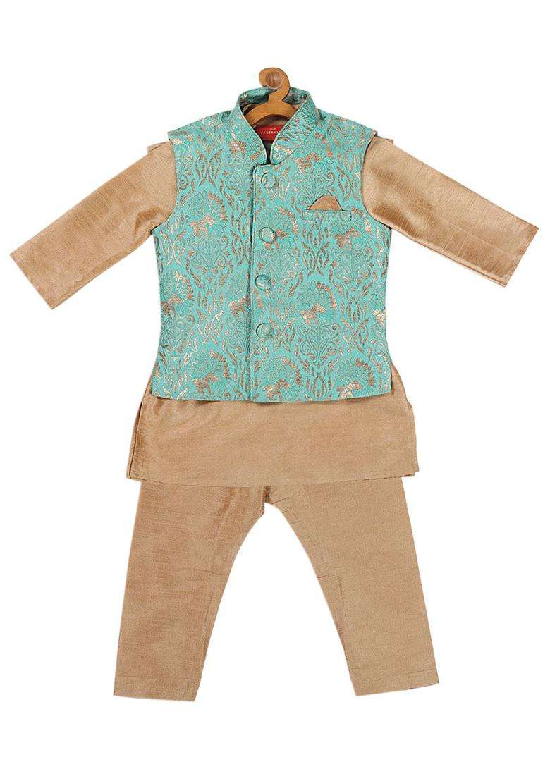 Rose Gold Solid Silk Kurta Set For Boys - Indya