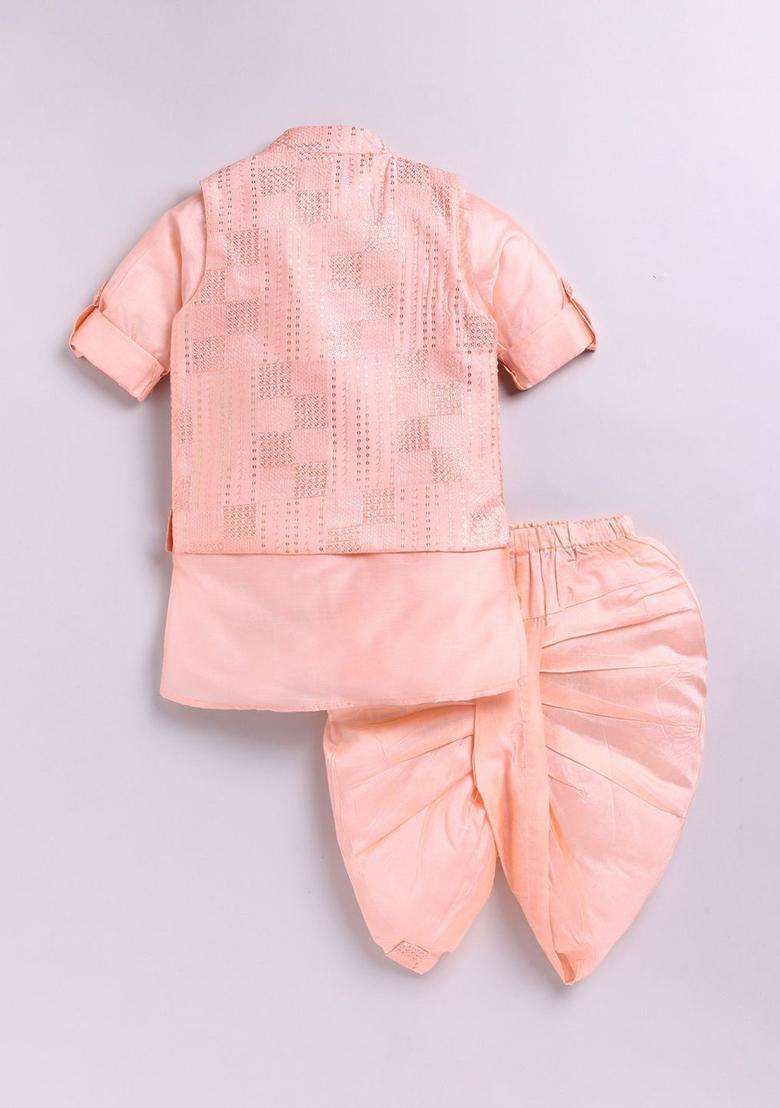 Peach Solid Silk Kurta Set For Boys - Indya