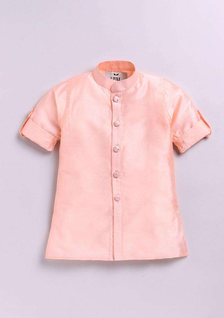 Peach Solid Silk Kurta Set For Boys - Indya