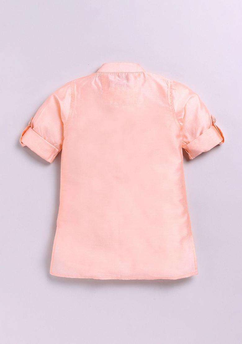Peach Solid Silk Kurta Set For Boys - Indya