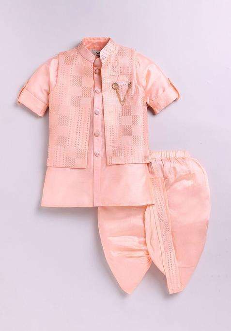 Peach Solid Silk Kurta Set For Boys