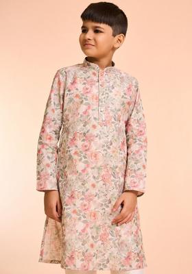 Pink Printed Cotton Kurta Set For Boys