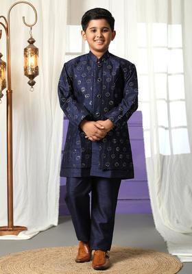 Navy Blue Self Design Silk Kurta Set For Boys