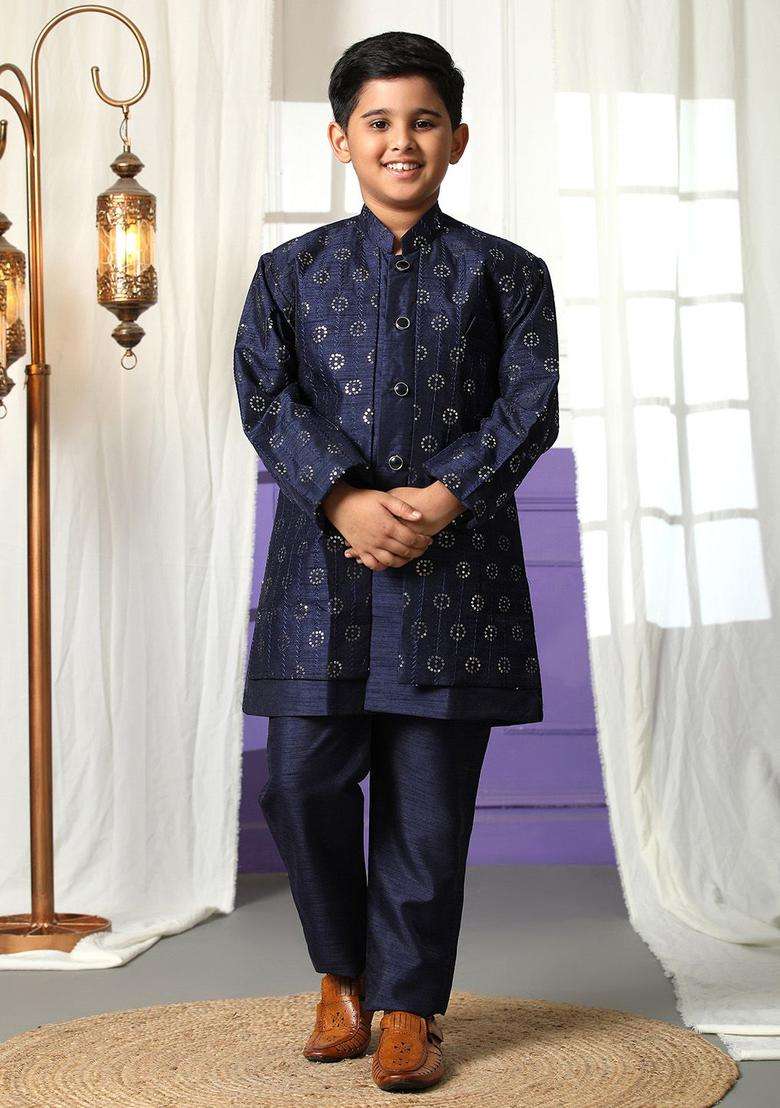 Navy Blue Self Design Silk Kurta Set For Boys - Indya