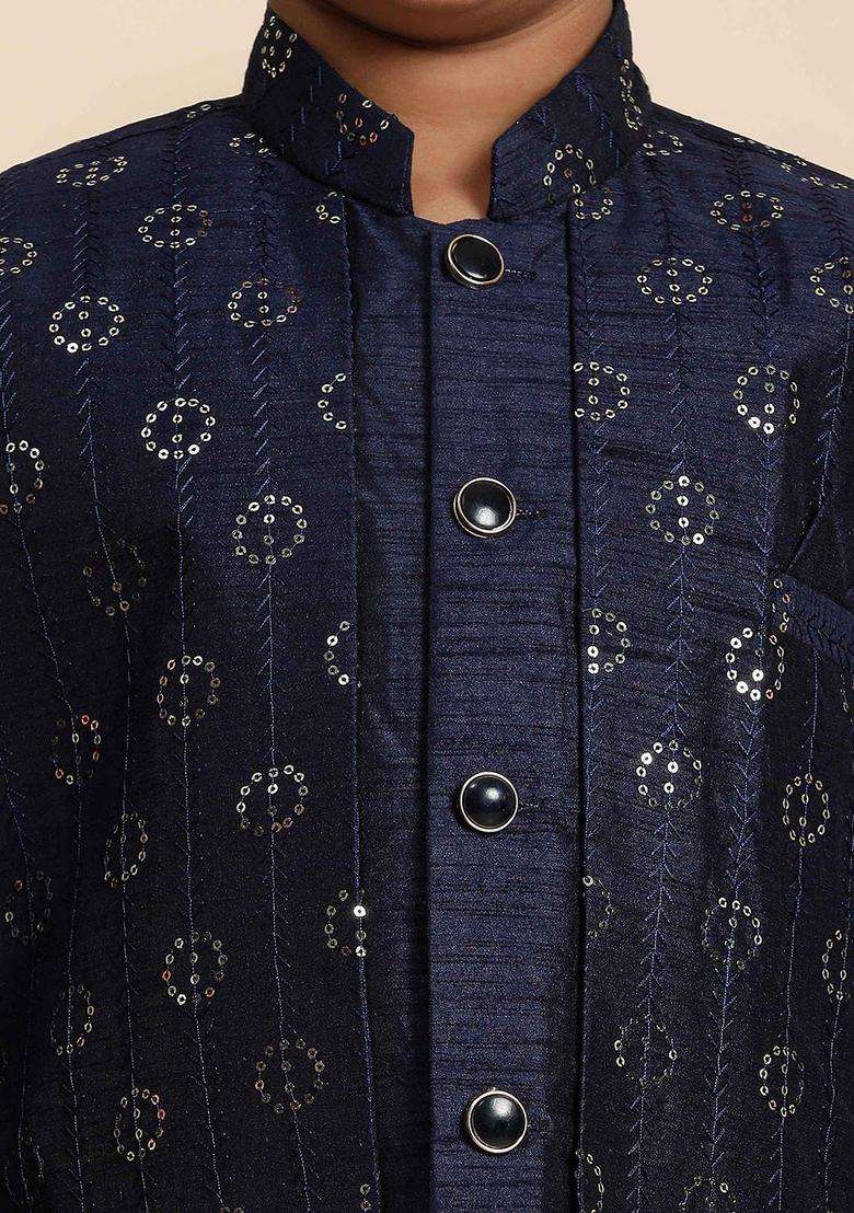 Navy Blue Self Design Silk Kurta Set For Boys - Indya