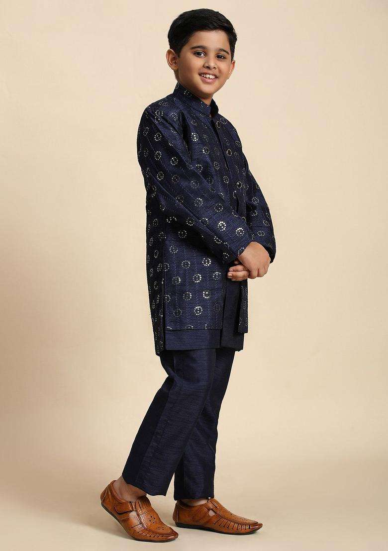 Navy Blue Self Design Silk Kurta Set For Boys - Indya