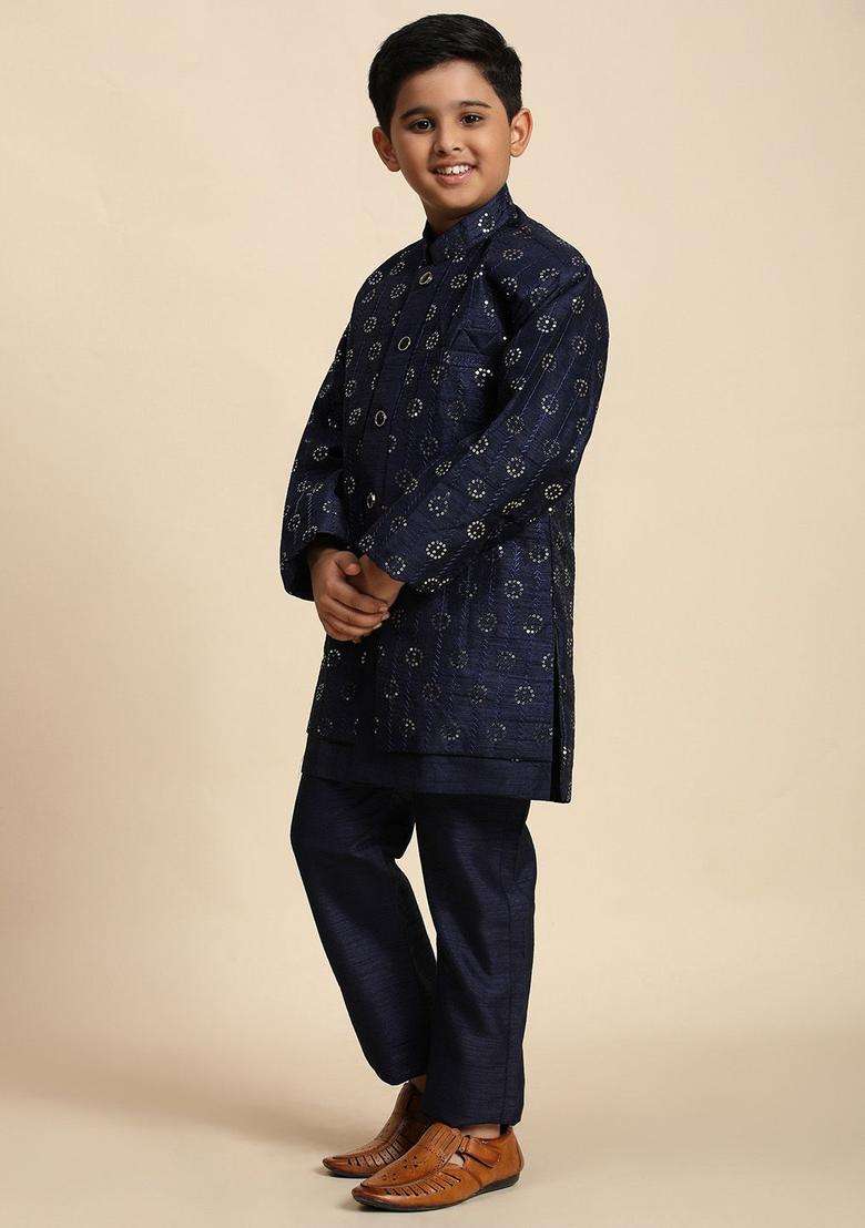 Navy Blue Self Design Silk Kurta Set For Boys - Indya