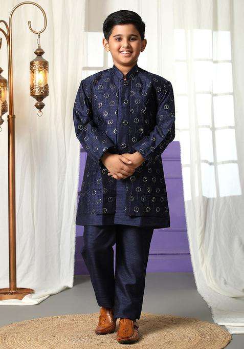 Navy Blue Self Design Silk Kurta Set For Boys