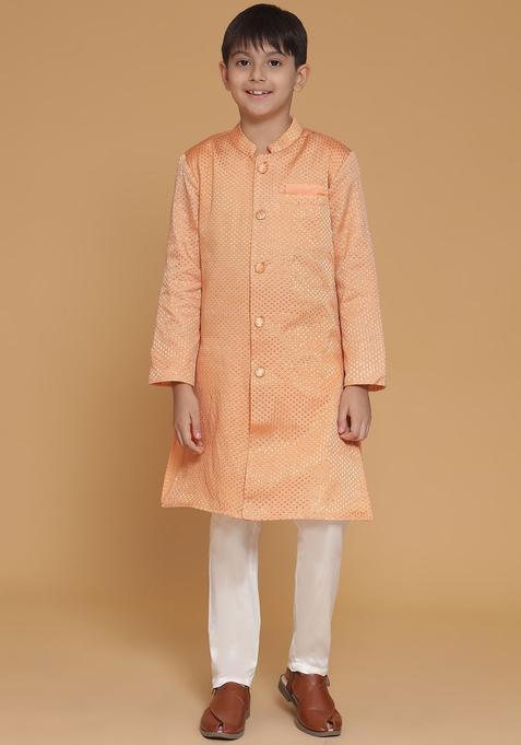 Peach Woven Design Silk Kurta Set For Boys — view on Indya