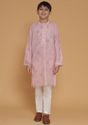Pink Embroidered Polyester Kurta Set For Boys