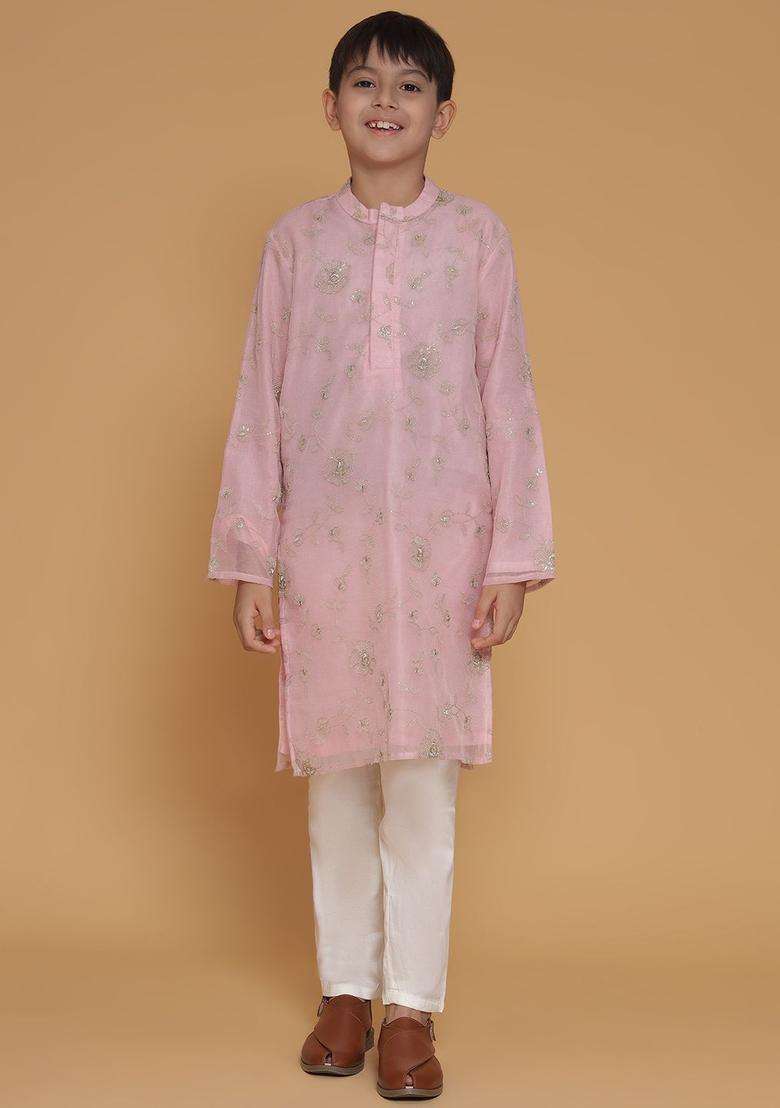 Pink Embroidered Polyester Kurta Set For Boys - Indya