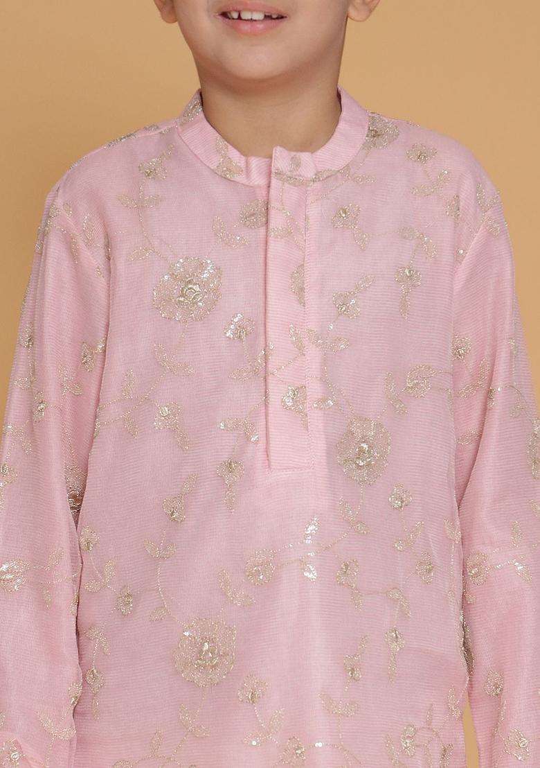 Pink Embroidered Polyester Kurta Set For Boys - Indya