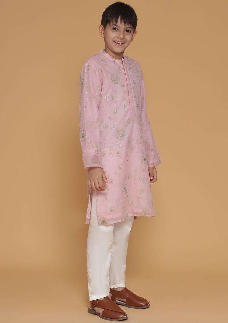 Pink Embroidered Polyester Kurta Set For Boys - Indya