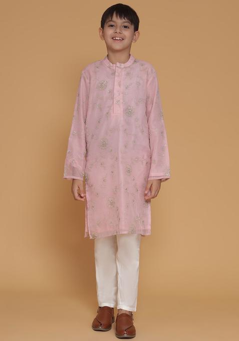 Pink Embroidered Polyester Kurta Set For Boys — view on Indya