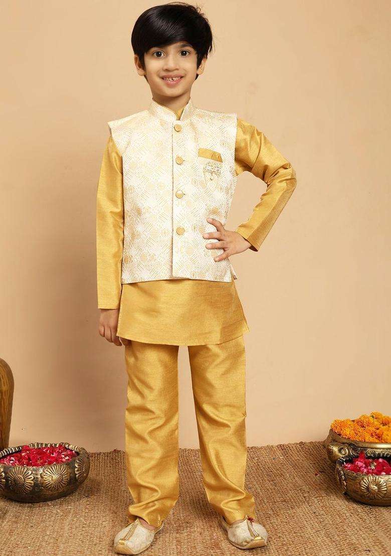 Gold Solid Silk Kurta Set For Boys - Indya