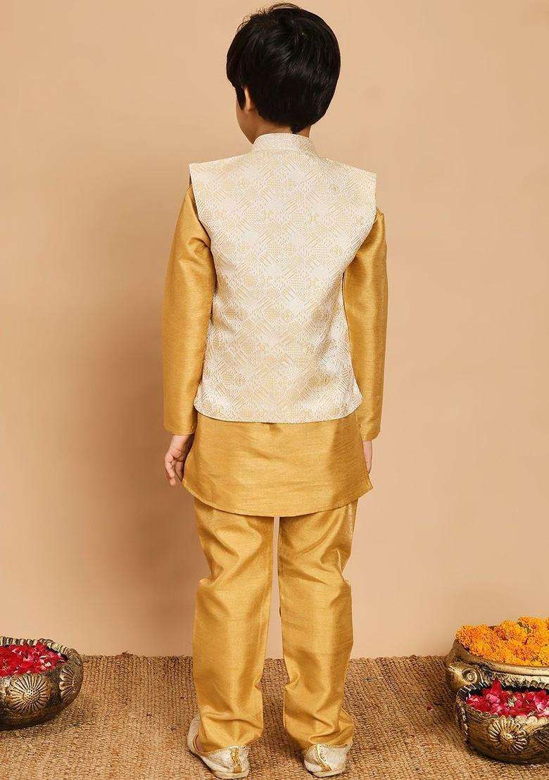 Gold Solid Silk Kurta Set For Boys - Indya