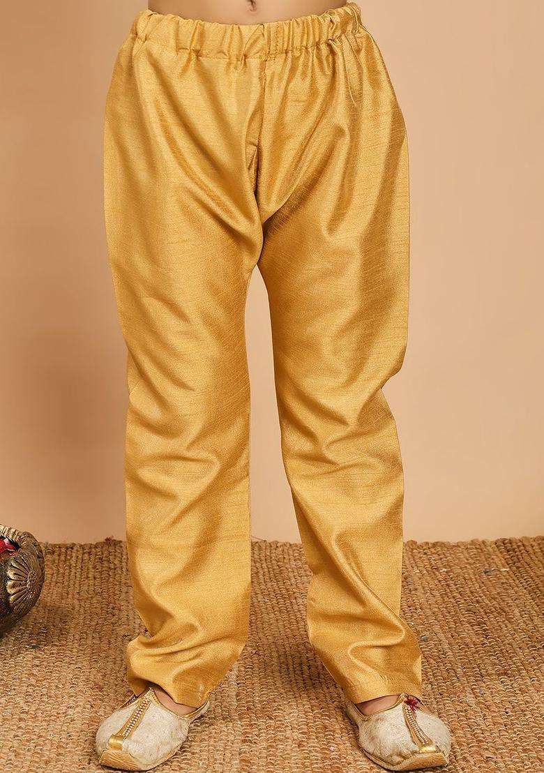 Gold Solid Silk Kurta Set For Boys - Indya