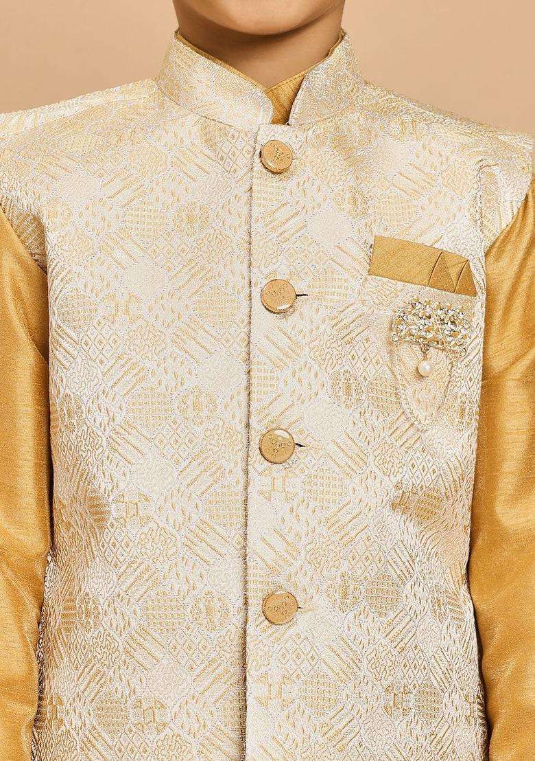 Gold Solid Silk Kurta Set For Boys - Indya