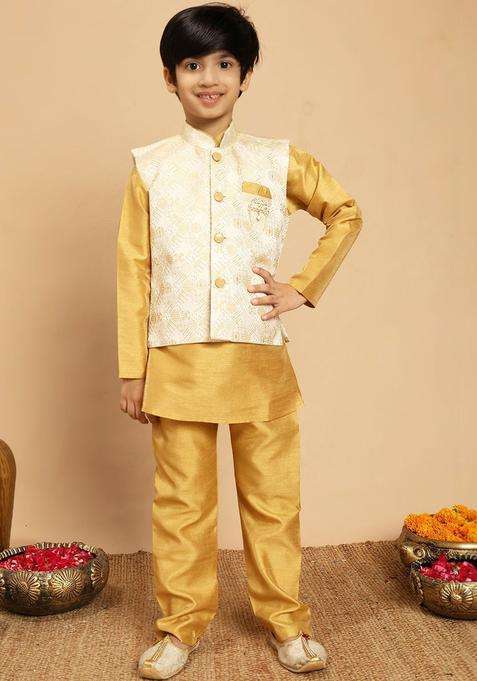 Gold Solid Silk Kurta Set For Boys