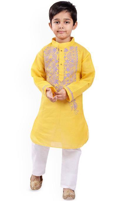 Yellow Printed Cotton Kurta Set For Boys — view on Indya