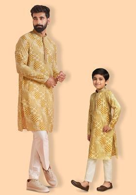 Mustard Printed Cotton Kurta Set For Boys
