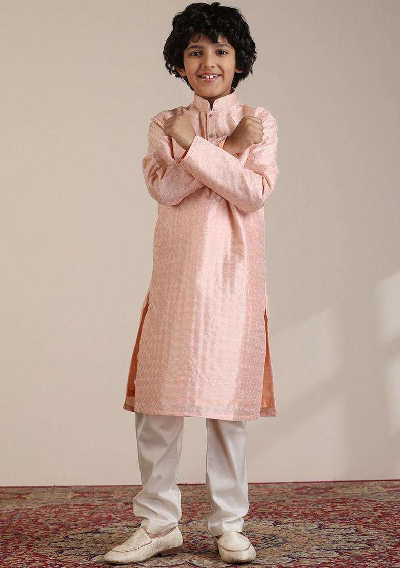Peach Embroidered Silk Kurta Set For Boys - Indya