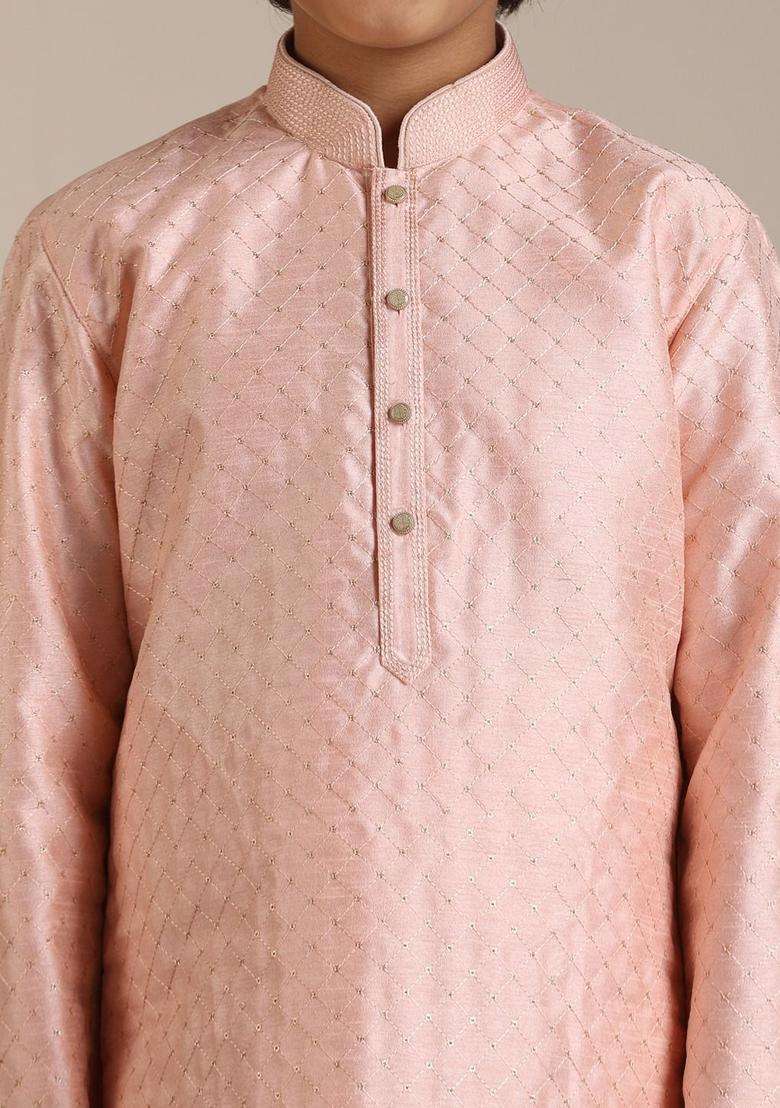 Peach Embroidered Silk Kurta Set For Boys - Indya