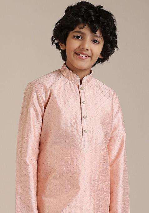 Peach Embroidered Silk Kurta Set For Boys