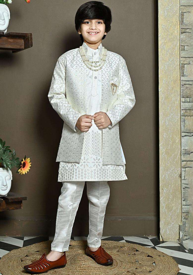 White Embroidered Silk Kurta Set For Boys - Indya