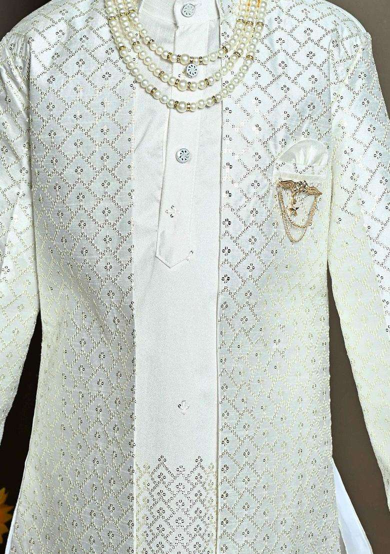 White Embroidered Silk Kurta Set For Boys - Indya