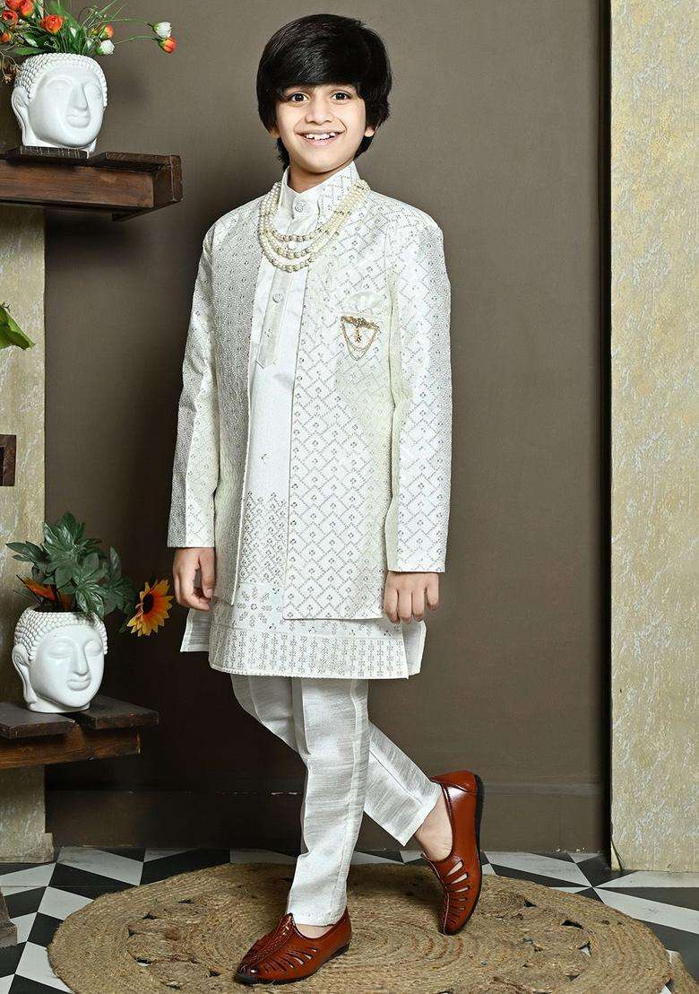 White Embroidered Silk Kurta Set For Boys - Indya