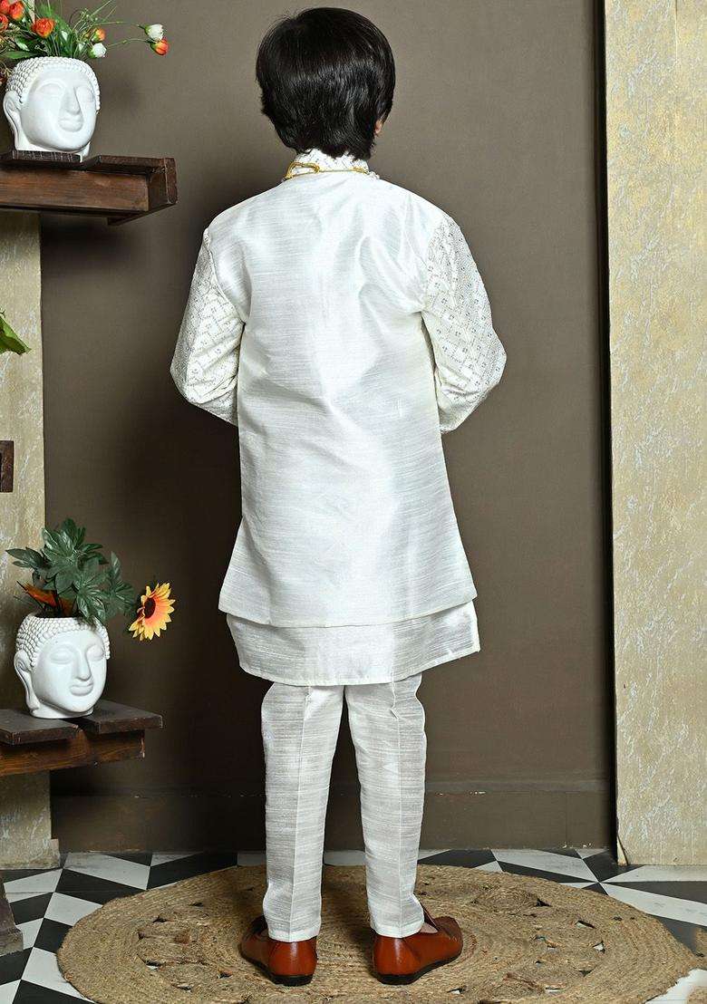 White Embroidered Silk Kurta Set For Boys - Indya