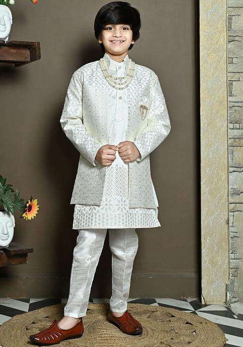 White Embroidered Silk Kurta Set For Boys