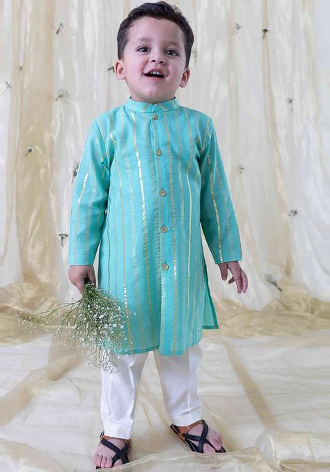 Green Striped Cotton Kurta Set For Boys — view on Indya